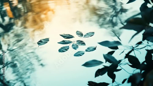 Floating leaves on water surface reflecting warm sunlight and plant life