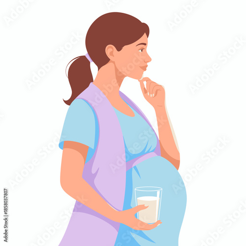A thoughtful pregnant woman stands while holding a glass of milk, embodying nurturing and health, reflecting the importance of wellness during pregnancy in a serene setting.