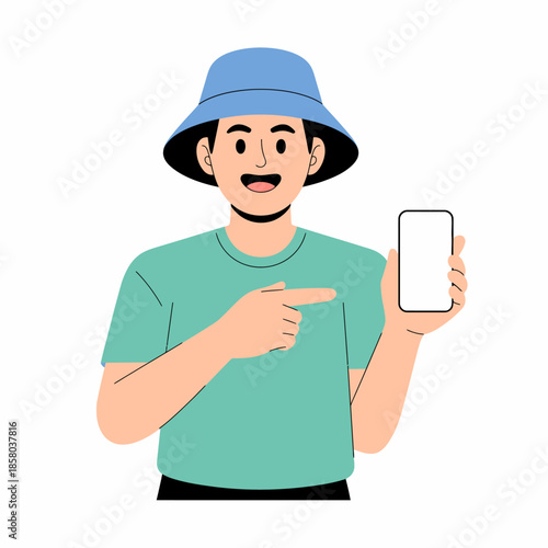 A cheerful individual wearing a blue hat and green shirt is pointing at a blank smartphone, radiating positivity and engagement in a minimalistic, friendly atmosphere.