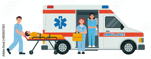 A dedicated emergency medical team is seen transporting a patient on a stretcher to an ambulance, showcasing care and urgency in medical emergencies. Teamwork is essential.