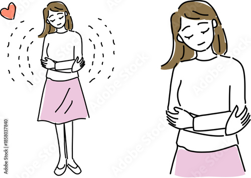 自分自身をハグする女性のゆるい線画セット（自己肯定）
