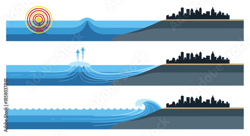 This vector illustration depicts the progression of a tsunami wave, from its initial generation to its impact on a coastal city, highlighting the magnitudo.