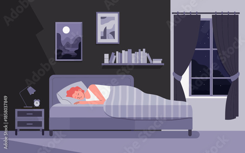 A serene nighttime scene shows a person sleeping peacefully in a well-decorated bedroom, illuminated by soft light, representing tranquility and the importance of rest for well-being.