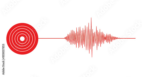 A vivid red vector illustration displays a seismic wave pattern originating from a target symbol, visually representing earthquake magnitude and scientific data measurement.