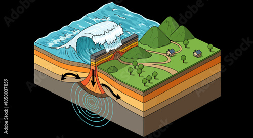 Detailed vector illustration depicting the geological process of a megathrust earthquake causing a tsunami, showcasing the powerful forces of nature and their impact on coastal regions.