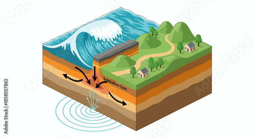 An isometric vector illustration depicts a tsunami caused by an earthquake, showcasing the geological layers, fault lines, and the wave's impact on a coastal landscape with homes.