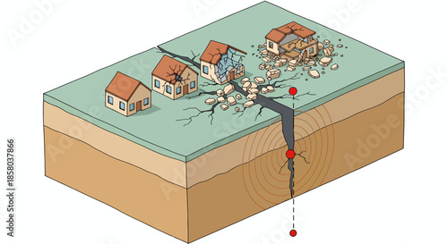 A vector illustration depicts the devastating impact of an earthquake on residential houses, showcasing ground fissures and structural damage, emphasizing the earthquake's destructive power.