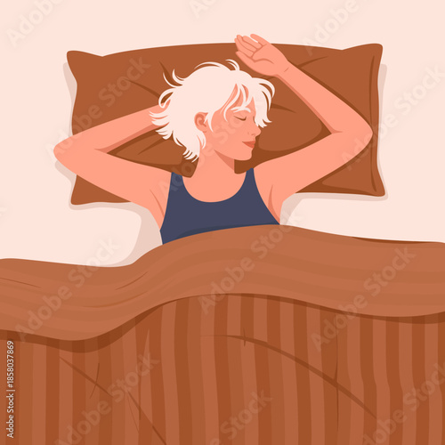 A serene depiction of a young person with white hair sleeping peacefully, conveying a sense of comfort, tranquility, and the beauty of restful moments.