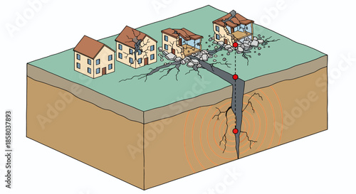 A vector illustration depicts the devastating impact of an earthquake on residential homes, showcasing ground fissures and structural damage due to the seismic activity.