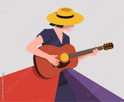 A musician wearing a yellow hat is depicted playing an acoustic guitar, capturing creativity and expression through vibrant colors and artistic flair.