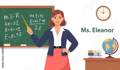 An illustration of Ms. Eleanor teaching a math lesson, showcasing mathematical equations and a globe, representing knowledge and education in a classroom setting.