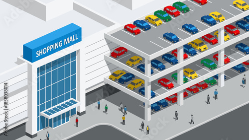 Busy shopping mall parking lot with multiple cars and people