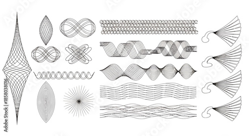 Dynamic vector graphic illustrating various abstract shapes, lines, and patterns with an intricate, modern design, ideal for backgrounds or design elements on a clean backdrop.