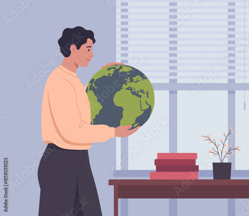 A thoughtful man stands with a globe in hand near a window, symbolizing exploration, global awareness, and the connection between individuals and the vast world around them.