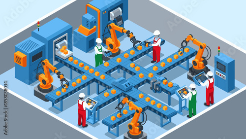 Automated manufacturing plant with workers and robots