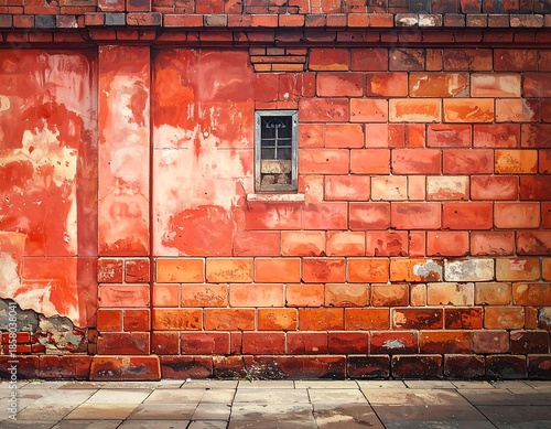 Weathered brick wall with small window and peeling paint, pavement in the foreground