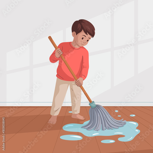 A cheerful child mops the floor with excitement, showcasing playfulness and a fun approach to chores within a bright and inviting indoor environment.
