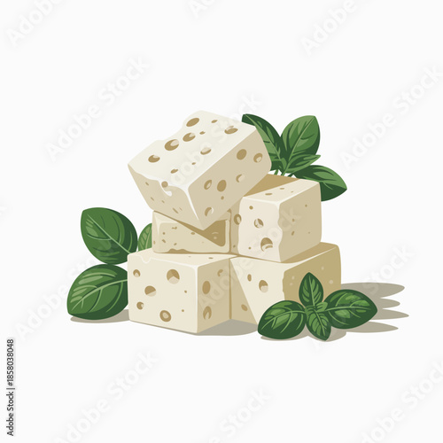 A vibrant illustration of fresh tofu blocks garnished with green herbs, representing healthy eating, plant-based diets, and culinary creativity in cooking.