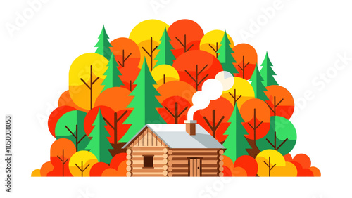 Cozy log cabin surrounded by vibrant autumn trees