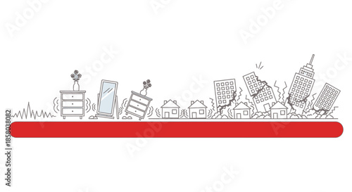 This vector illustration shows buildings and furniture shaking and collapsing during a devastating earthquake, emphasizing the destructive power of natural disasters.