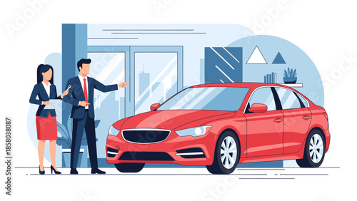 Car salesman showing red car to customer