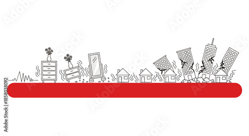 A whimsical vector illustration depicts a series of animated furniture items, including dressers and mirrors, arranged along a red line against a simple, minimalist background.