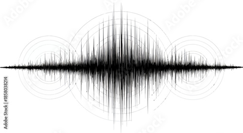 A powerful black sound wave or seismic activity graph is depicted with concentric circles on a clean white background, illustrating data visualization and impact.