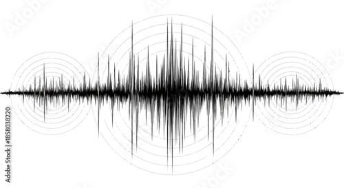 A dynamic black earthquake seismic wave vector illustration on a clean white background, depicting powerful vibrations and sound frequency.