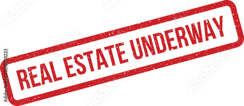Grungy red real estate underway stamp with rectangular border and textured appearance