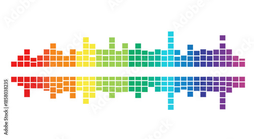 A vibrant, colorful vector graphic depicts an audio spectrum equalizer with pixelated blocks, symbolizing sound wave magnitude and visual representation of music frequencies on a white backdrop.