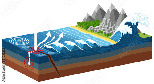 A detailed vector illustration showing the geological process of an underwater earthquake generating powerful tsunami waves that impact a coastal city.