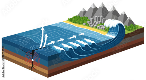 An isometric vector illustration explaining the geological process of tsunami formation, depicting underwater seismic activity and powerful waves approaching a coastline.
