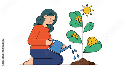 A young woman diligently waters a money tree with golden coin leaves under a bright sun, symbolizing financial growth and investment in a vector illustration.