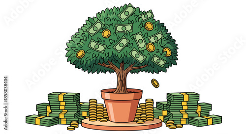 A vibrant vector illustration depicts a money tree flourishing with currency, surrounded by stacks of cash and gold coins, symbolizing financial growth and wealth against a clean white background.