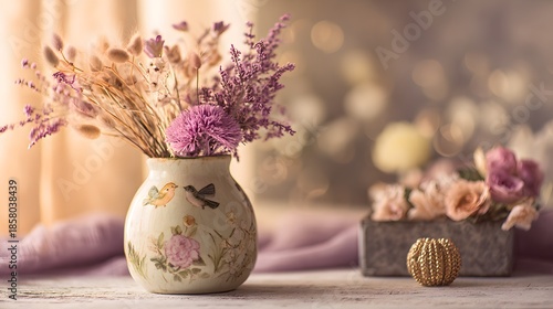 Elegant Dried Flower Arrangement in Vintage Vase by Window.
