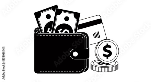 A black and white vector illustration of a wallet containing cash, a credit card, and coins, representing financial transactions and monetary concepts in a simple design.