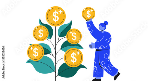 A stylized vector illustration depicting a person tending to a money tree, symbolizing growth, investment, and financial prosperity in a modern design.