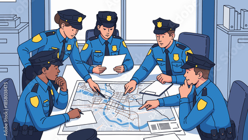 Police officers discussing strategy around a city map