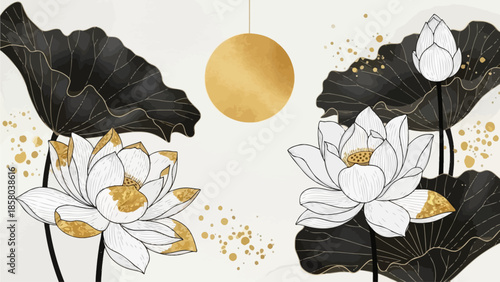 Modern Luxury Lotus Floral with Gold Accents and Golden Sun Mural Art