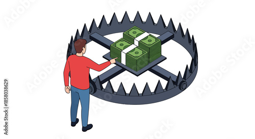 An isometric vector illustration shows a person cautiously reaching for a tempting stack of cash placed inside a sharp bear trap, symbolizing financial risk.