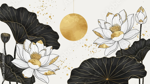 Modern Luxury Lotus Floral with Gold Accents and Golden Sun Mural Art