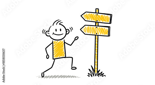 A cheerful stick figure, depicted in a vector illustration, confidently strides towards a signpost with two directional arrows, symbolizing choices and decisions in a bright, inviting setting.