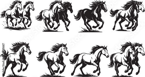 Running horses silhouette set, wild galloping horse poses black and white vector illustration