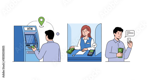 A vector illustration depicting various banking activities, including using an ATM, interacting with a bank teller, and mobile banking, all in a clean, modern style.