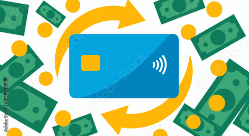 Modern vector illustration depicting a credit card surrounded by money and a circular arrow, symbolizing financial transactions and currency exchange.