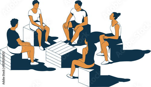 Set of diverse people characters sitting on cubes and having a group discussion or meeting for teamwork and collaboration concept on transparent background