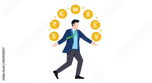 A businessman confidently juggles international currency symbols, representing financial success, global markets, and wealth management in a clean, modern vector illustration.
