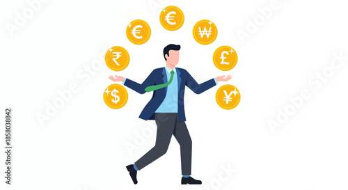 A businessman skillfully juggles various global currencies, demonstrating financial expertise and international business acumen in a clean, modern vector illustration.