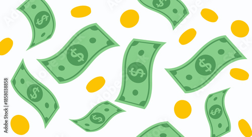 Modern vector art showing a dynamic scene of falling green dollar bills and golden coins against a clean white backdrop, ideal for finance-related visuals.