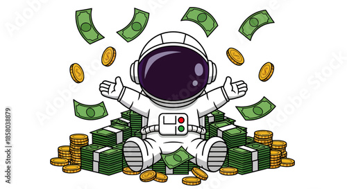 A cheerful astronaut is depicted amidst a pile of cash and falling currency, creating a whimsical and prosperous scene, suitable for business and finance concepts.